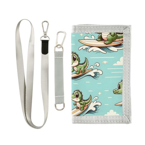 zyrtty Kids Wallets for Boys Girls Ages 4-18 Trifold, Cute Little Crocodile Surfing Wallet with Zippered Coin Pocket and Card Holders, Novelty Wallet for Childrens Birthday Gifts