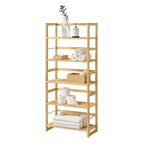 [en.casa] Scaffale da Terra in Legno di Pino con 5 Ripiani a Doghe Mobile Stretto Multiuso per Bagno Cucina Soggiorno 136x58x27 cm Naturale