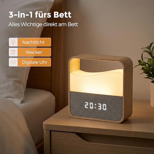 UPXNBOR Digitaler Wecker mit dimmbarem Nachtlicht, LED-Display Nachttischwecker in Holzoptik, USB-C wiederaufladbar, Doppelalarm, 3 Lautstärken, Snooze, Tischuhr für Tiefschläfer, Schlafzimmer, Reisen