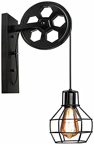 Industrial Pulley Wheel Wall Light Black Wire Cage E27 Wall Sconce