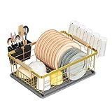 IBEDMAZIE Dish Drying Rack Gold with Diatomaceous Earth 1 Tier,Multifunctional Dish Racks for Kitchen Counter Quick-Drying,Large Capacity Space Saving with Cutlery Cups Holder