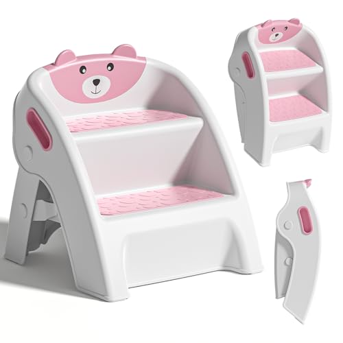 TPN Toddler Step Stool for Bathroom Sink and Potty Training Durable Anti-Slip,Anti-Tip A-Frame,10-Second Assembly, 2-Step Potty Stool with Wide Steps (Pink)