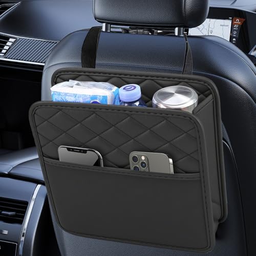 VAGCARS Car Seat Organiser Waterproof Leather Car Seat Back Storage Box Hanging Car Storage Bag Foldable Auto Organizer Back Seat Universal Auto Document Holder for Kids & Adults (Black)
