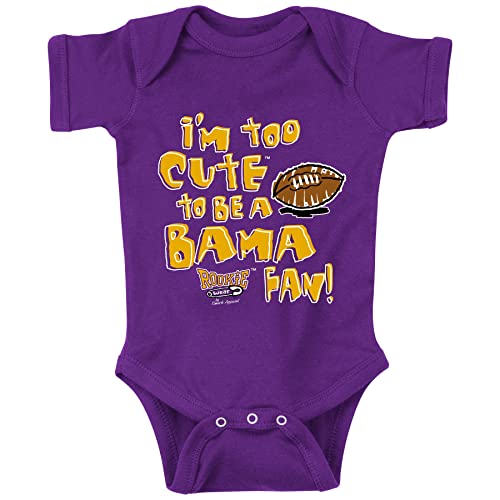 Image of Smack Apparel Louisiana Football Fans. I'm Too Cute to be a Bama Fan. Purple Baby One Piece (NB-18M) (Baby One Piece, 6 Month)