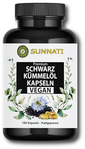 Sunnati® Cápsulas de aceite de comino negro vegano – Prensado en frío, egipcio, con vitamina E – 1000 mg dosis diaria alta dosis – 180 cápsulas veganas de aceite de comino negro fabricadas en Alemania