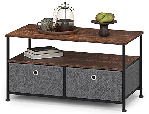 WEEU Table Basse Metallique Espace de Rangement Ouvert Meuble de Rangement avec 2 Tiroir et Étagère Table D'appoint Petite Table de Salon Moderne Rectangulaire Tissus Bois et Acier Gris et Noir