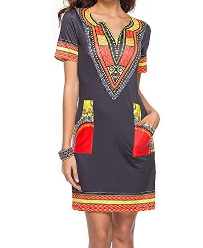 Image of African Dresses for Women Casual Vintage Attire Bohemian Dashiki Traditional Ethnic Midi Dress