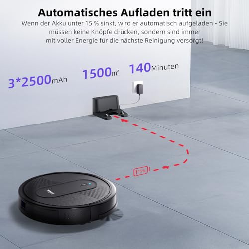 MONSGA Saugroboter mit Wischfunktion 3 in 1, Staubsauger Roboter 3000PA, Saugroboter mit 2 Bürsten, Selbstaufladend, WiFi, 140Mins, Ideal für Tierhaare, Teppich, Hartboden (Schwarz)