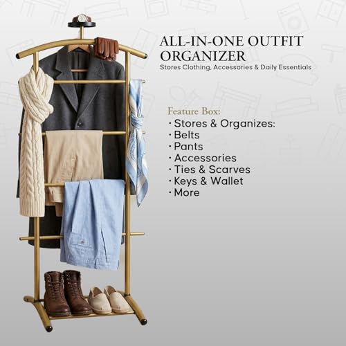 Image of Kings Brand Freestanding Metal Suit Valet Stand with Tie Bar, Gold | Complete Clothing Organizer with Hanger, Trouser Bar & Shelf Keeps Jackets, Pants, Ties, Belts & Accessories Organized
