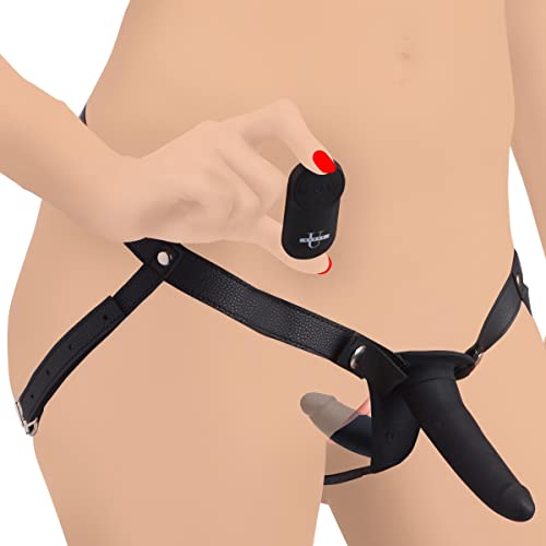 Strap U 28X Power Pegger Beginner Black Double Dildo Vibrating Penetration With Harness & Remote Control For Women, Men, & Couples, Adjustable Silicone G-Spot Anal Vagina Adult Toy Strapon Harness #TOP18