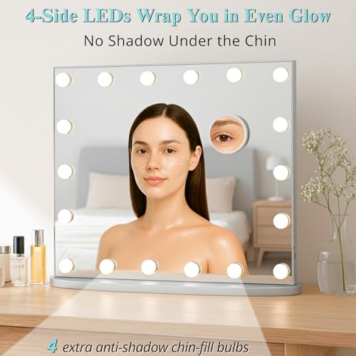 Image of LUXFURNI Vanity Mirror with Lights, 23.6 inch Hollywood Makeup Mirror Silver | 18 Surround LED Bulbs, 360 Shadow-Free Lighting, 3 Color Modes, USB Charging, Tabletop & Wall Mount for Bedroom Dorm Desk