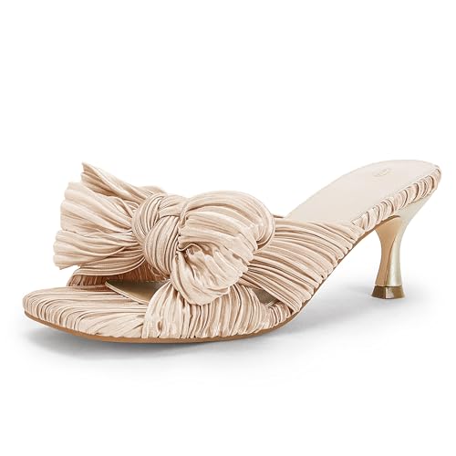 Image of Coutgo Womens Bow Heeled Sandals Pleated Bowknot Heels Open Square Toe Cute Kitten Heel Mules Slip On Wedding Dress Shoes