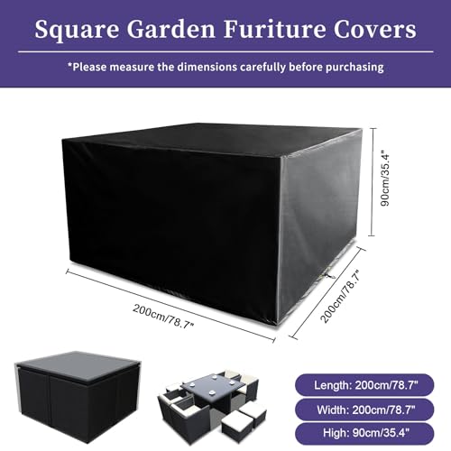 Funshot Cube Gartenmöbel Set Abdeckungen wasserdicht, große Gartenmöbel Abdeckung 200x200x90cm, quadratische Tabelle Abdeckung Winddicht Anti-UV, Heavy Duty 420D Oxford Fabric Patio Set schwarz – Bild 3