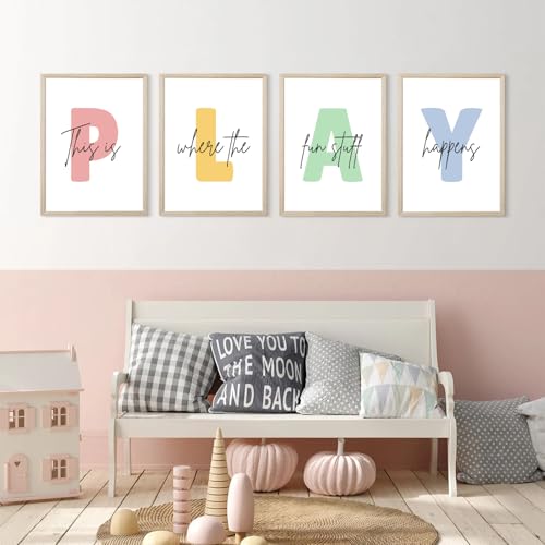 Kids Playroom Wall Art Decor Play Room Poster Baby Boy Kids Nursery Canvas Wall Decor Toddler Children Playroom Print Artwork Let's Play Sign Pictures for Bedroom Set of 4 12x16 Inch Wooden Frame by Baccone - Used condition - Image 3