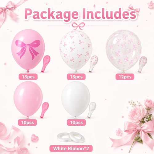 Image of Bow Balloons, 60 Pcs 12 Inch Pink White Clear Latex Balloons for Baby Girl Birthday Party Decorations Bow Themed Bridal Shower Coquette Party Decor