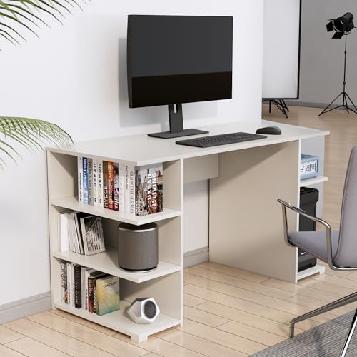 Image of Bniture Wooden Study Table for Home | Engineered Wood Study Table with Side Shelf Storage | Multi Purpose Computer Desk for Writing & Study | Laptop Table for Study Room & Workstation | Frosty White