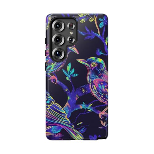 Coque Samsung S25 Ultra oiseaux néon rigide brillante bleu accessoire
