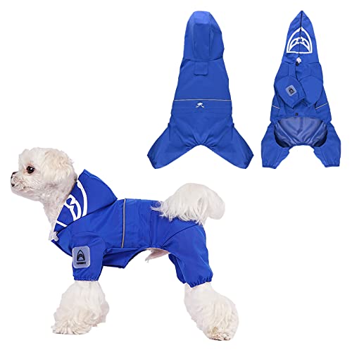 Jodsen Dog Raincoats , Puppy Raincoats with Hood Blue Dog Hooded Pet Rain Jacket with Reflective Strip Dog Rain Poncho Adjustable Rain Gear Jumpsuit with Leash Hole (XL/34cm)