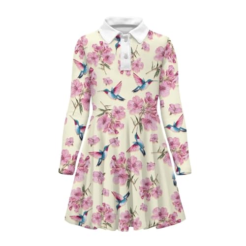 AmzPrint Long Sleeve Polo Dress for Girls Fit and Flare A Line Midi Swing Pleated Flowy Fall Tween Girls Dresses