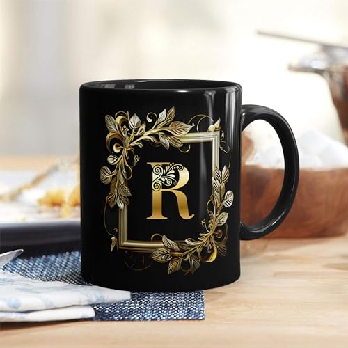 Golden Floral Alphabet Letter R Printed Coffee Mug Gift for Girl,...