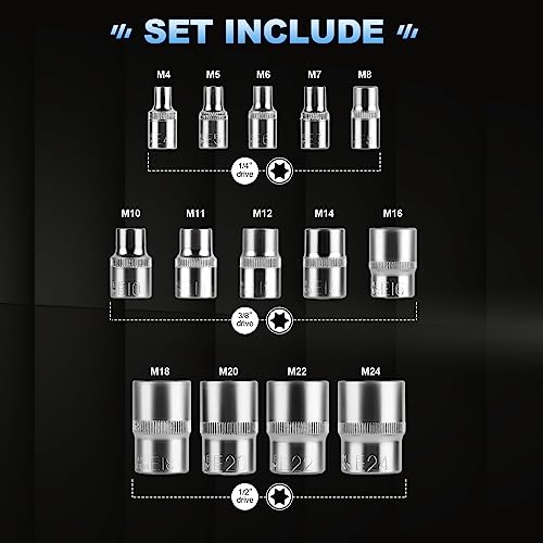 CPROSP Torx Socket Set Female 1/4 Inch 3/8 Inch 1/2 Inch E Torx Profile E4, E5, E6, E7, E8, E10, E11, E12, E14, E16, E18, E20 - Image 2