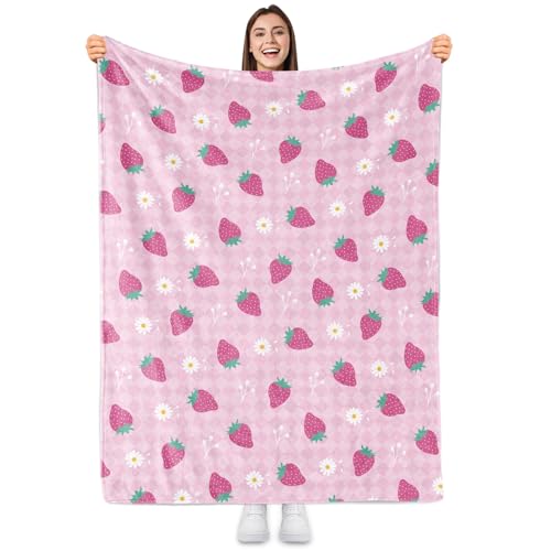 Sowide Strawberry Blanket, Pink Checkered Blanket Throw Gift for Baby Girl Soft Lightweight Strawberry Flower Flannel Blanket