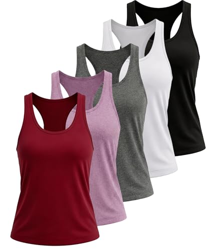 TELALEO 5 Pack Workout Tank Tops for Women, Athletic Racerback Sports Tank Top, Loose Sleeveless Dry Fit Shirts Black/Grey/White/Red/Purple S/03