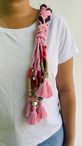 Image of Zippy Flora Neelima Parandi (Baby Pink) | Traditional Boho Handmade Paranda Hair Accessory with Braid Tassels | Women's Ethnic Hair Extension for Choti, Braids & Patiala Shahi Hairstyles