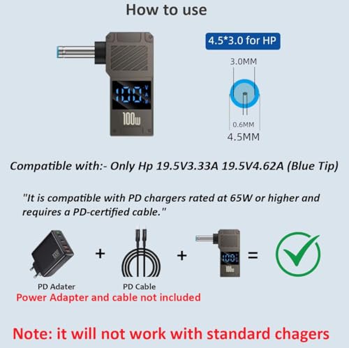 Image of ETZIN USB C to Smart Tip Connector 4.5 x 3.0mm for HP Laptops 100w PD Converter USB C to Smart Tip Connector