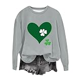 St. Patrick's Day Sweatshirt für Damen, lustig, Glückskleeblatt-Herz, Grafik-Top, Irischer Paddy's Day, Oversize-Kleeblatt-Druck, Pullover, Saint Patrick's Day, grünes Party-Kostüm, grau, XXL
