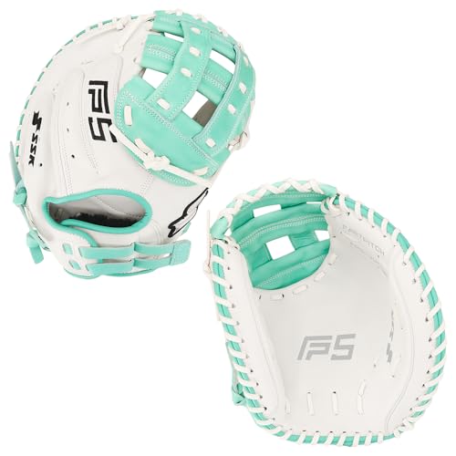 SSK FP5 Fastpitch Softball Catchers Mitt 33 34 Right & Left Hand Throw Premium Full Leather Softball Glove (White/Mint 33 - Right Hand Throw)