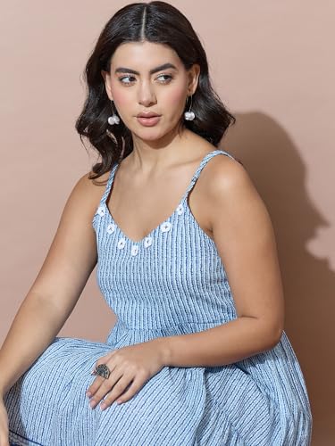 Image of Varanga Women Blue Striped Flowy Dress with Traditional Block Print Inspired Border Accents
