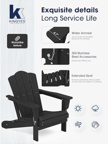 image for KINGYES Folding Adirondack Chair, HDPE All-Weather Patio Chairs, Woode