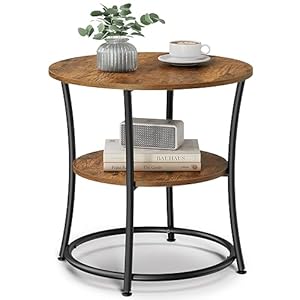 VASAGLE Side Table, Round End Table with 2 Storage Shelves for Living Room, Bedroom, Nightstand with Steel Frame for Small Spaces, Accent Coffee Table, Rustic Brown and Ink Black