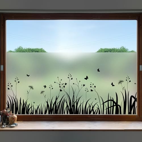DKTIE Window Privacy Film Flowers Pure Black Stained Glass Window Film Decorative Frosted Glass Window Film Sun Blocking Heat Control Static Cling (A276-Black, 17.5in X 78.7in)
