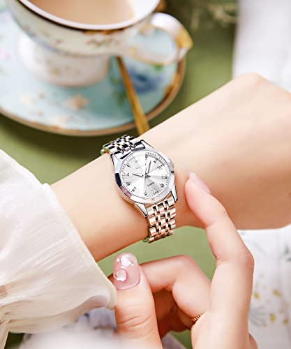 Image of OLEVS Women Watch Silver Stainless Steel Two Tone Fashion Ladies Analog Quartz Waterproof Luminous Date Day Wrist Watches