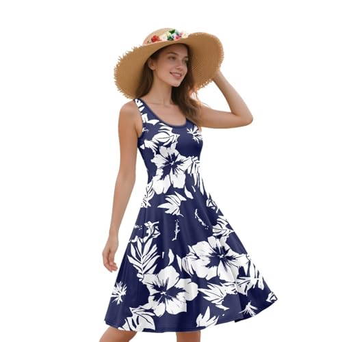Image of Women Stylish Tank Dresses Sleeveless Round Neck Midi Casual Dress with Pocket for Summer