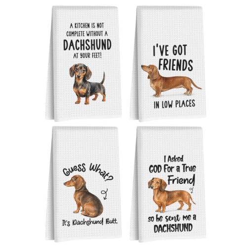 Image of 4 Pcs Funny Dachshund Kitchen Towels, Dachshund Gifts Reusable Dish Towels1