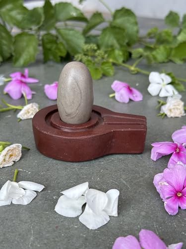 Image of Shivam VASTU AKAL 1.5 inch Original Narmadeshwar Narmada Shivling with 3 inch Narmada Stone Yoni Base Jaladhari (Ardhanarishwar Shivling, Brown Flate Jaladhari)