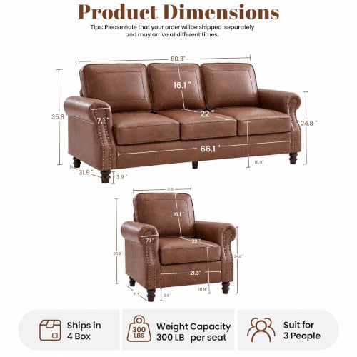 Image of Faux Leather 3 Seater Couch and 2 Chair with Rolled Arms,Rust
