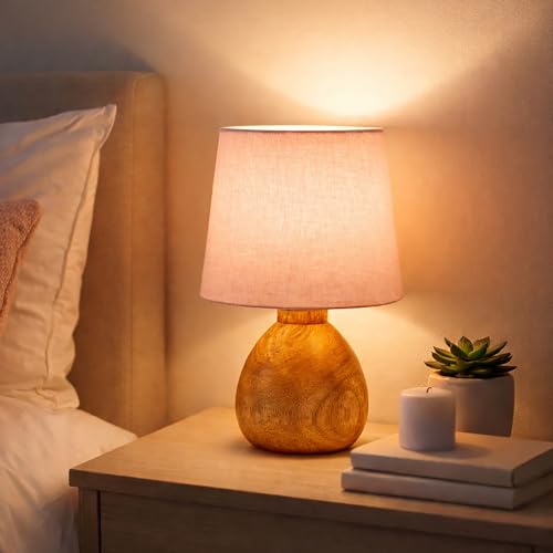Image of Wooden Bedside Table Lamp with Fabric Shade, Warm Ambient Light, Handmade Mango Wood Base, Rustic Farmhouse Design, Cute Dowel, 15 x 15 x 25 cm (Pink)