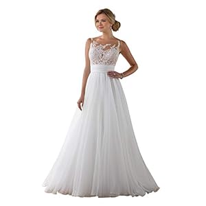 YASIOU Elegante bruiloftsjurk voor dames, lange bruiloftsjurk, kant, bruidsmode, rugvrij, wit, vintage, A-lijn, bruidsjurk, avondjurk met sleep.