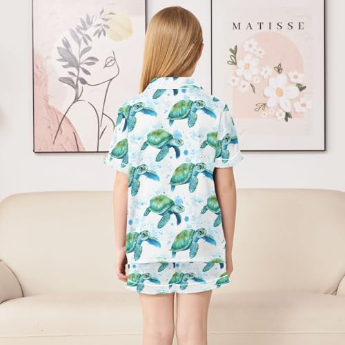 Sea Turtle Pattern Summer Satin Pajama Set, Cute Button-Down Sleepwear Pj Set for Sleep Wears4