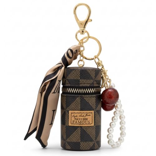Genérico Llavero Decorativo Con Mini Bolsa Vintage Y Colgante De Cerezas, Diseño A Cuadros Con Perlas Y Lazo, Accesorio Para Bolsos Y Llaves, Set De 2 Piezas
