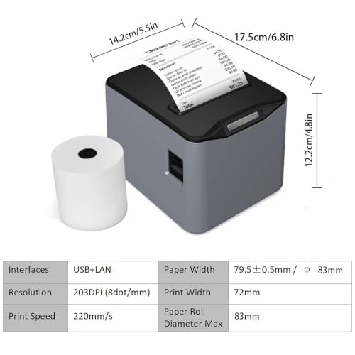Bisofice Bondrukcer 80mm Bondrucker Belegdrucker 220 mm/s Quittungsdrucker USB+LAN, Unterstützt die Steuerung der Kassenschublade, ESC/POS, Kompatibel mit Win/Linux/MAC