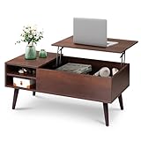 WLIVE Lift Top Coffee Table for Living Room,Small Coffee Table with Storage,Hidden Compartment and Adjustable Shelf,Mid Century Modern, Wood,Cherry,Espresso.
