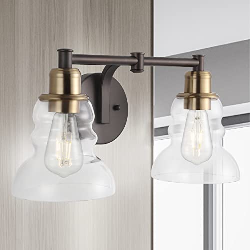 Image of JONATHAN Y 18.5 inch Brass Gold /Oil Rubbed Bronze Modern Industrial Rustic 2-Light LED Vanity Light with Clear Glass Shade, Vintage Wall Sconce for Bathroom Kitchen Hallway, LED Bulb Included (JYL3545A)