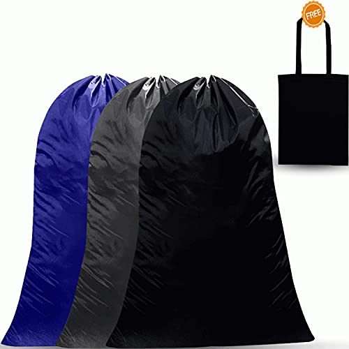 Dino74 3 Pack Heavy Duty Laundry Bags - Jumbo Traveling Dorm Room Bags Machine Washable Organizer For Storing Dirty Clothes With Free Reusable Grocery Bag, Black, Gray, Blue, 28 X 40 Inch Each Bag #TOP1