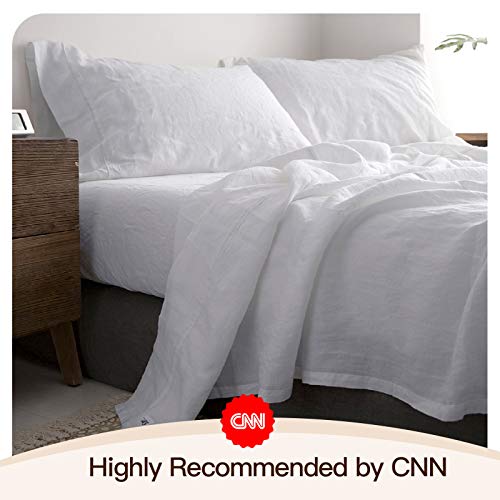 Simple&Opulence 100% Washed Linen Sheet Set-King Size-Natural France Flax Bed Sheet-4 Pcs Breathable,Ultra Soft,Farmhouse Bedding (1 Flat Sheet,1 Fitted Sheet,2 Pillowcases)-Embroidery White #TOP5