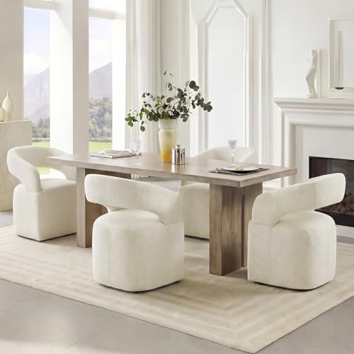 Image of KISLOT Upholstered Dining Chairs Set of 4, Modern Arm Kitchen & Dining Room Chairs with Hidden Casters, Linen Fabric Padded Rolling Chairs, Sturdy Wood Frame, 300 lbs Capacity, Cream Beige